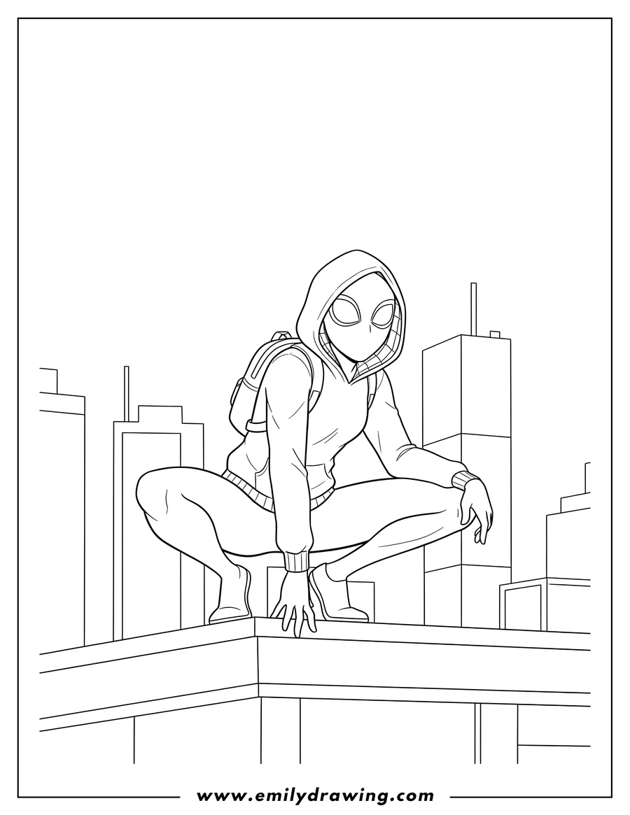 Coloring page for kids: spider Gwen Crouched On Edge Roof, wearing a hooded sweatshirt and backpack, looking forward