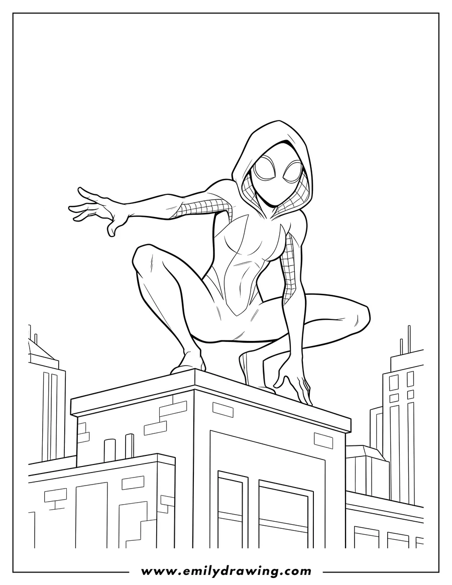 Coloring sheet featuring spider Gwen crouching on a building edge with her hood up, holding her hand out