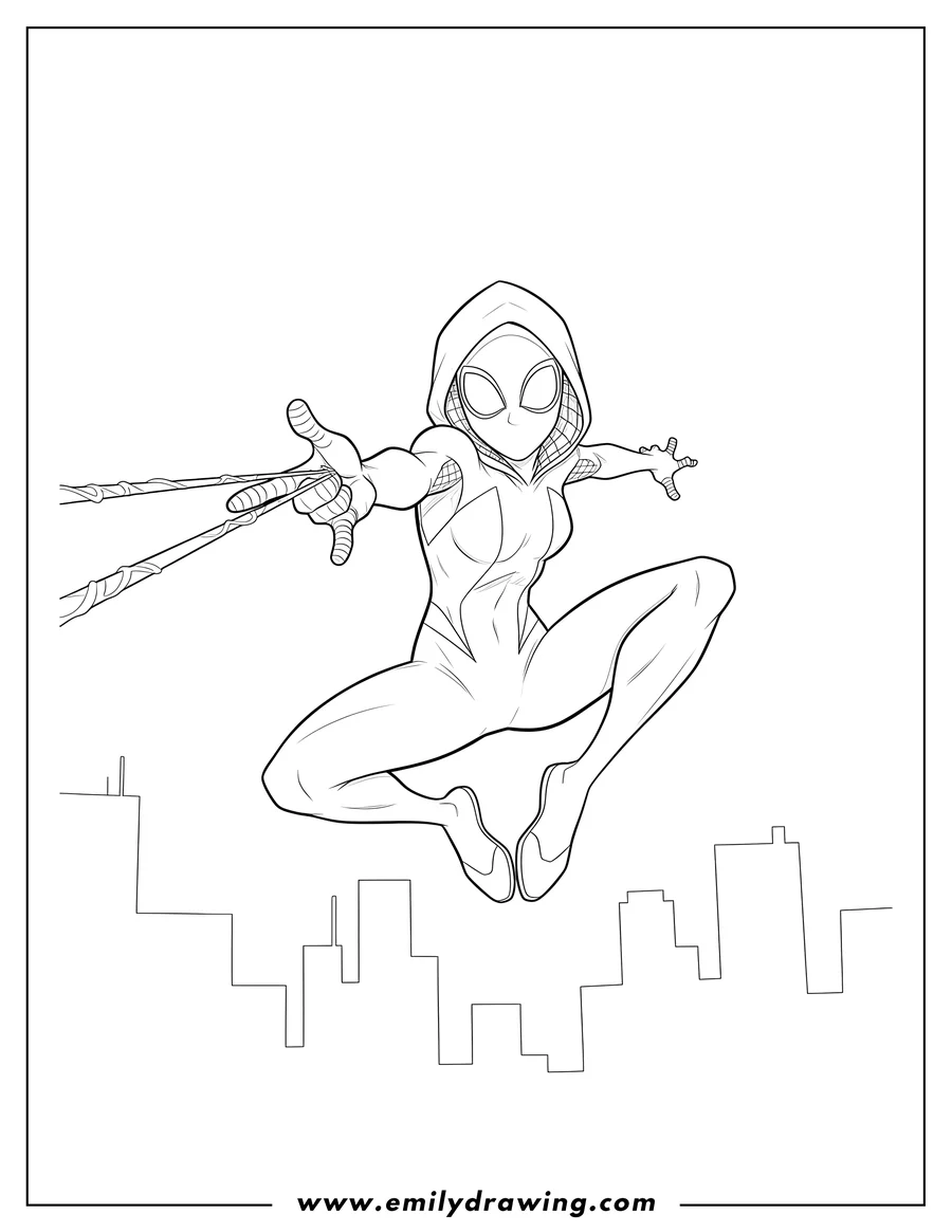 Outline drawing of spider Gwen leaping and shooting webs with a web-shooting gesture