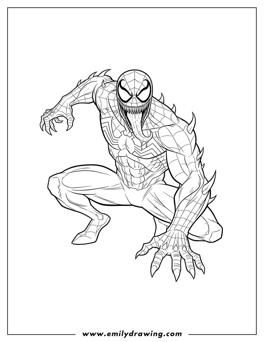 Vector style outline of spider Man As Venom, crouching with tongue out and sharp teeth