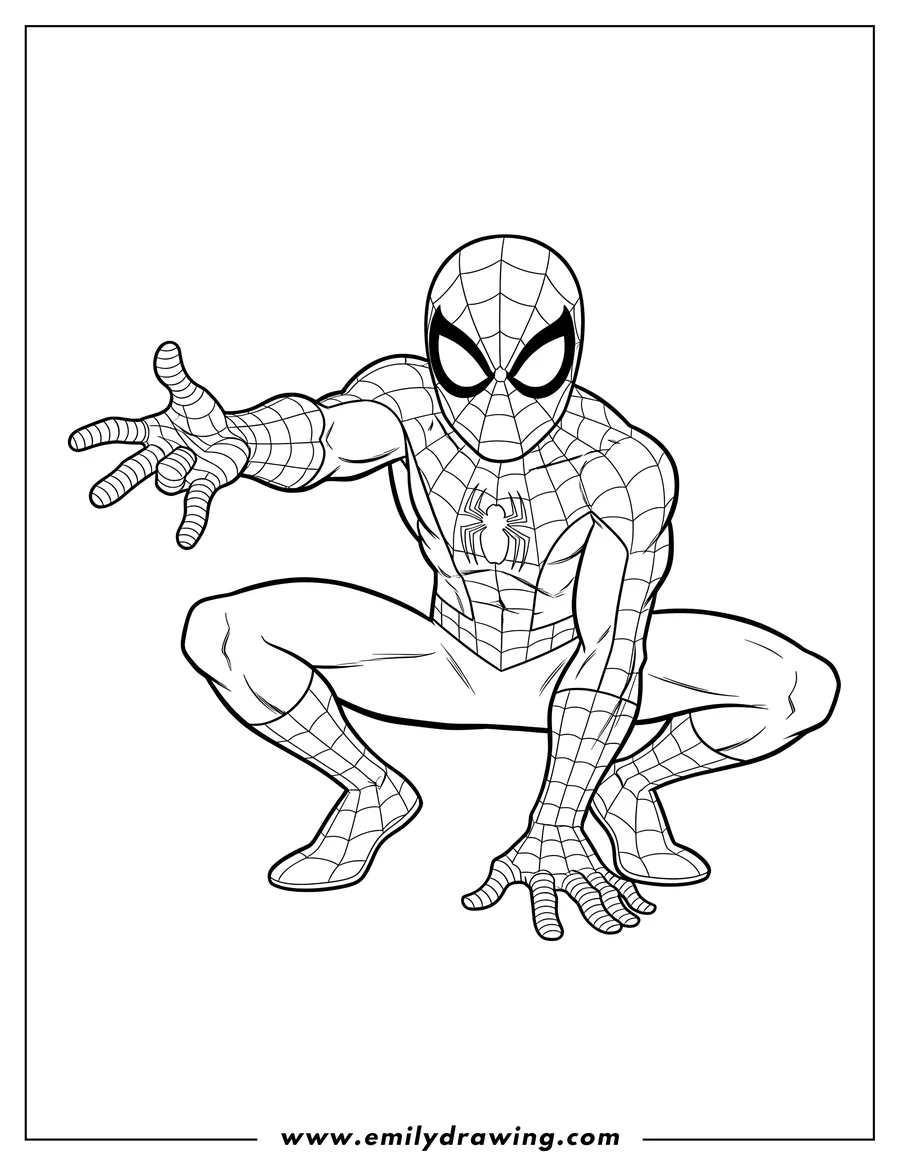 Doodle style coloring picture of spider-Man from Avengers in a crouching pose with one arm extended forward and the other hand on the ground, for coloring