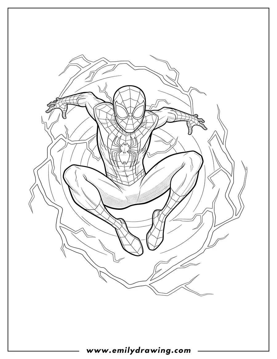 Black and white line art of miles Morales Spider Man leaping with lightning