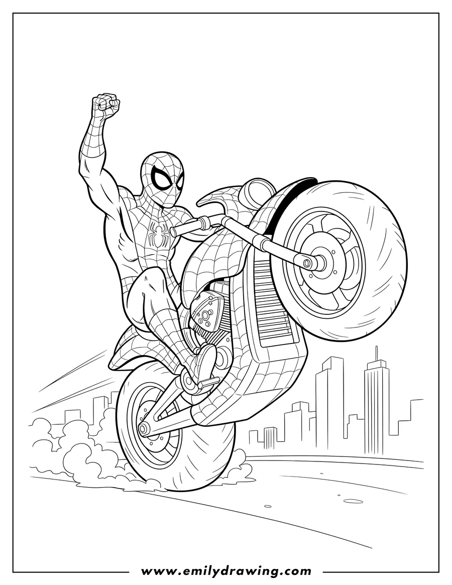 Simple sketch of spider Man on a scaled motorcycle doing a wheelie to color