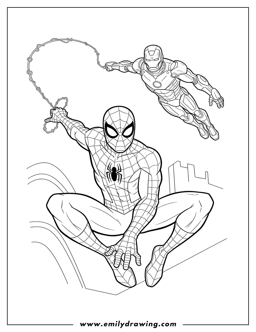 Downloadable coloring page of spider-Man swinging and Iron Man flying