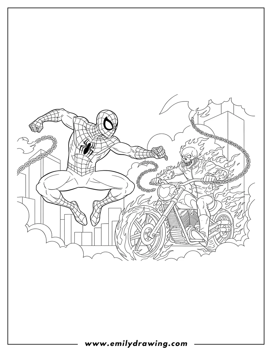 Printable coloring page of intense Spider Man Vs Ghost Rider Battle, with Spider-Man leaping and Ghost Rider on a flaming motorcycle wielding chains