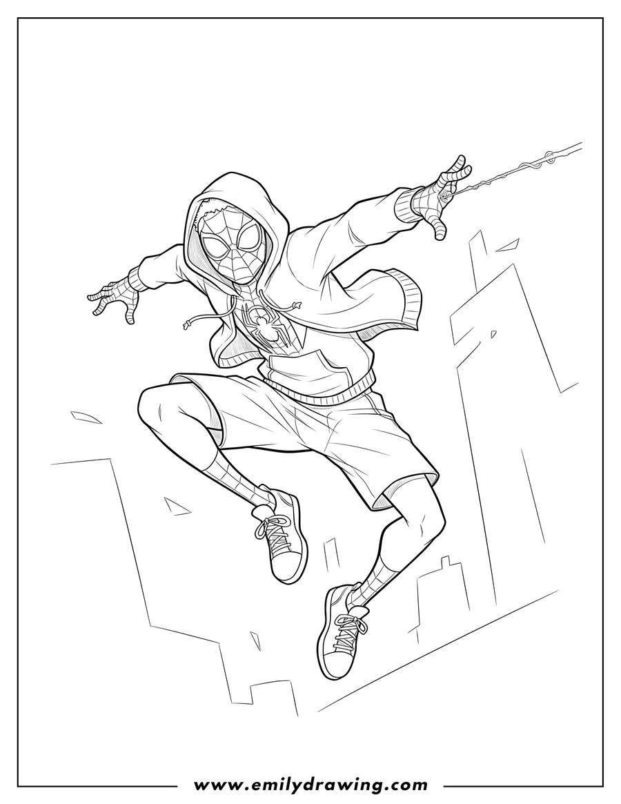 High quality printable miles Morales Spider Man Into Spider Verse leaping in hoodie and shorts for coloring