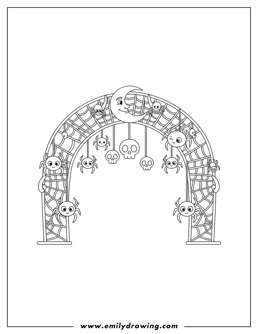 Black and white line art of spider Web Archway with Skulls, Spiders, and a Crescent Moon