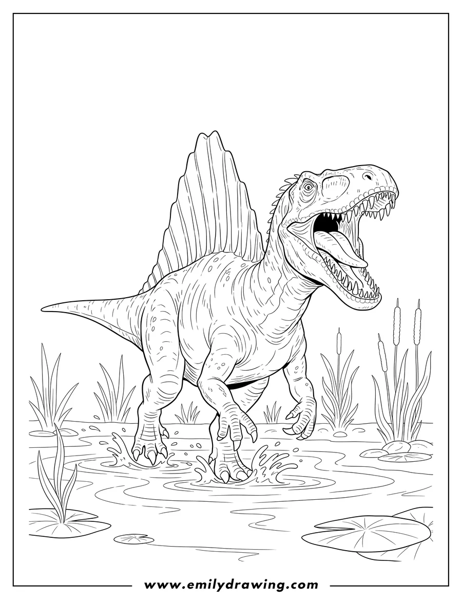 Coloring page for kids: spinosaurus with an open mouth and a tall sail, stepping through water
