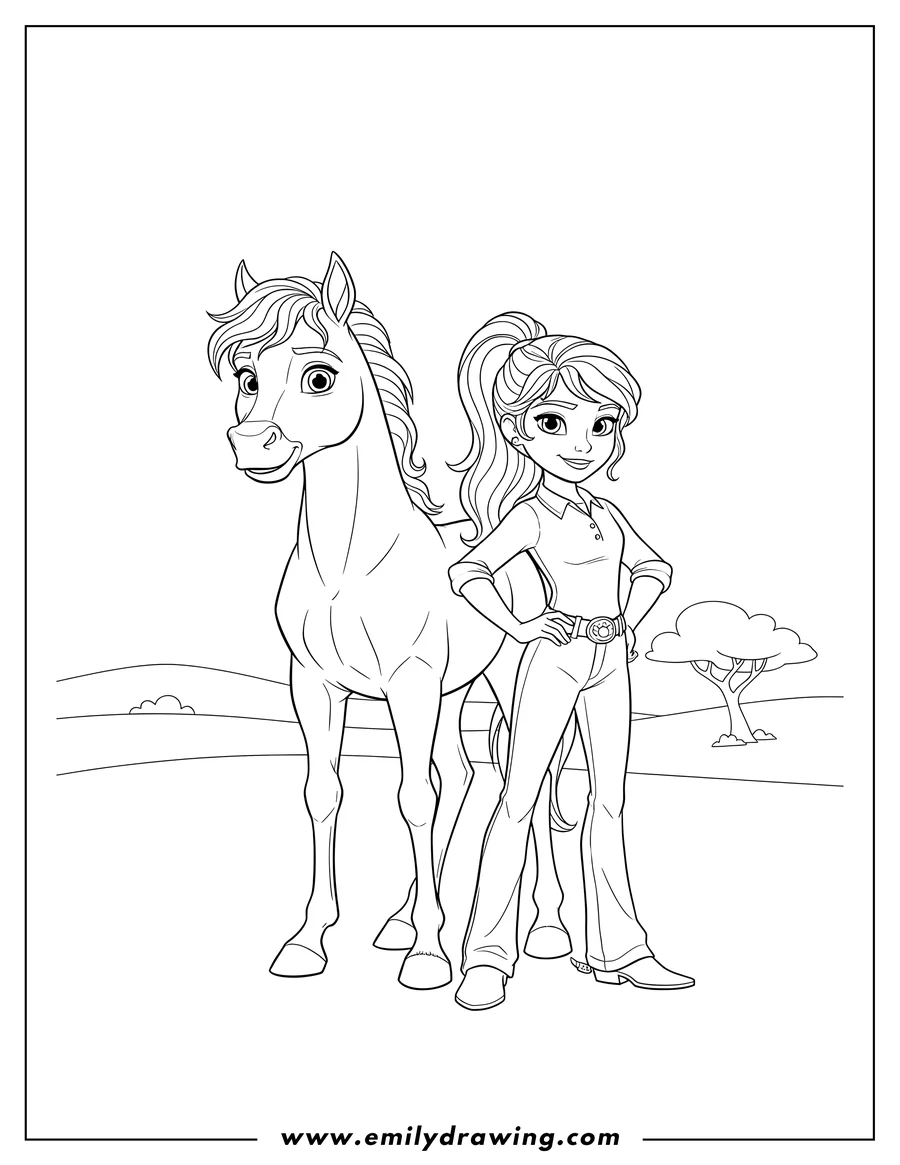 Black and white line art of spirit Jr And Lucky From Riding Free To Color Scaled standing next to each other, Lucky with hand on hip