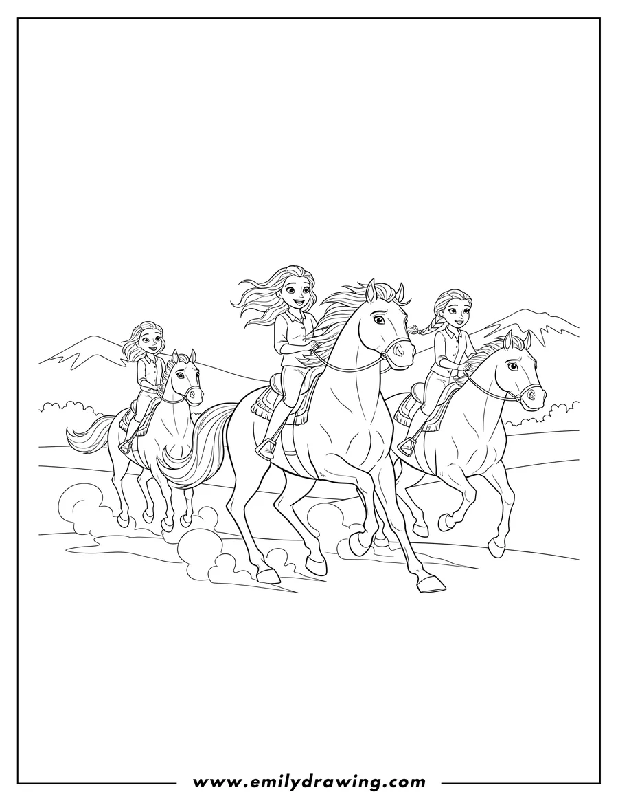 Clean line drawing: spirit Riding Free Scaled, Lucky, Pru, and Abigail riding their horses at a gallop