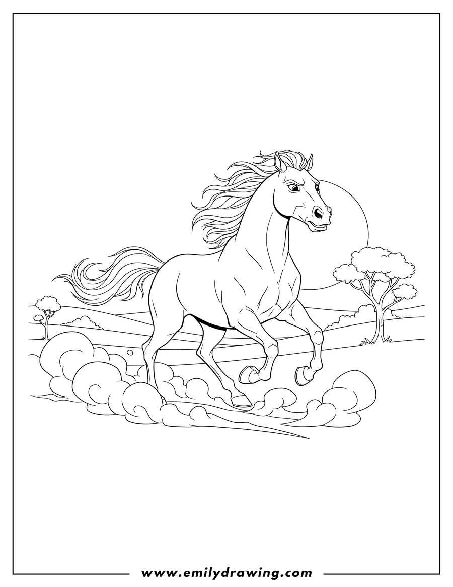Free printable coloring sheet of spirit Stallion galloping fiercely, kicking up dust