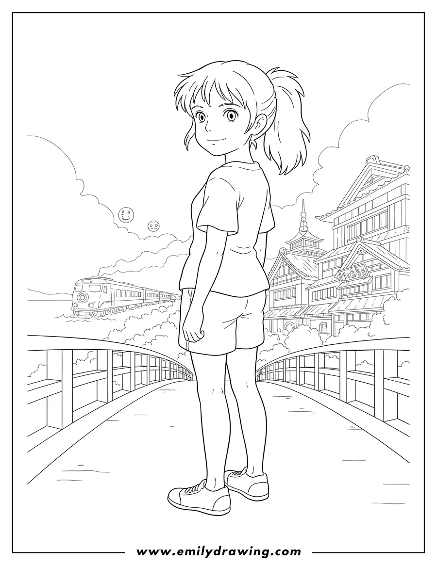 Outline drawing of spirited Away Chihiro in the Spirit World, looking over her shoulder with a ponytail