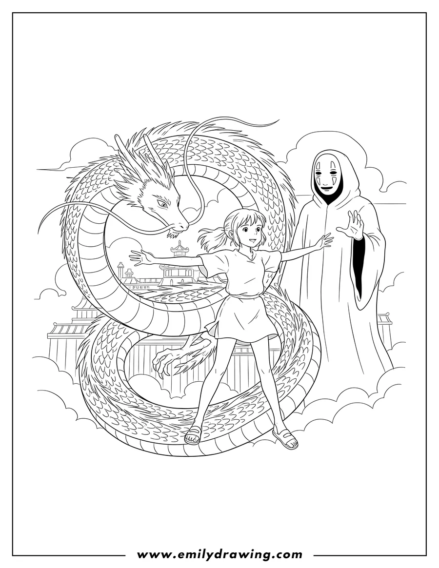 Outline drawing of spirited Away featuring Chihiro, Haku in dragon form, and No-Face