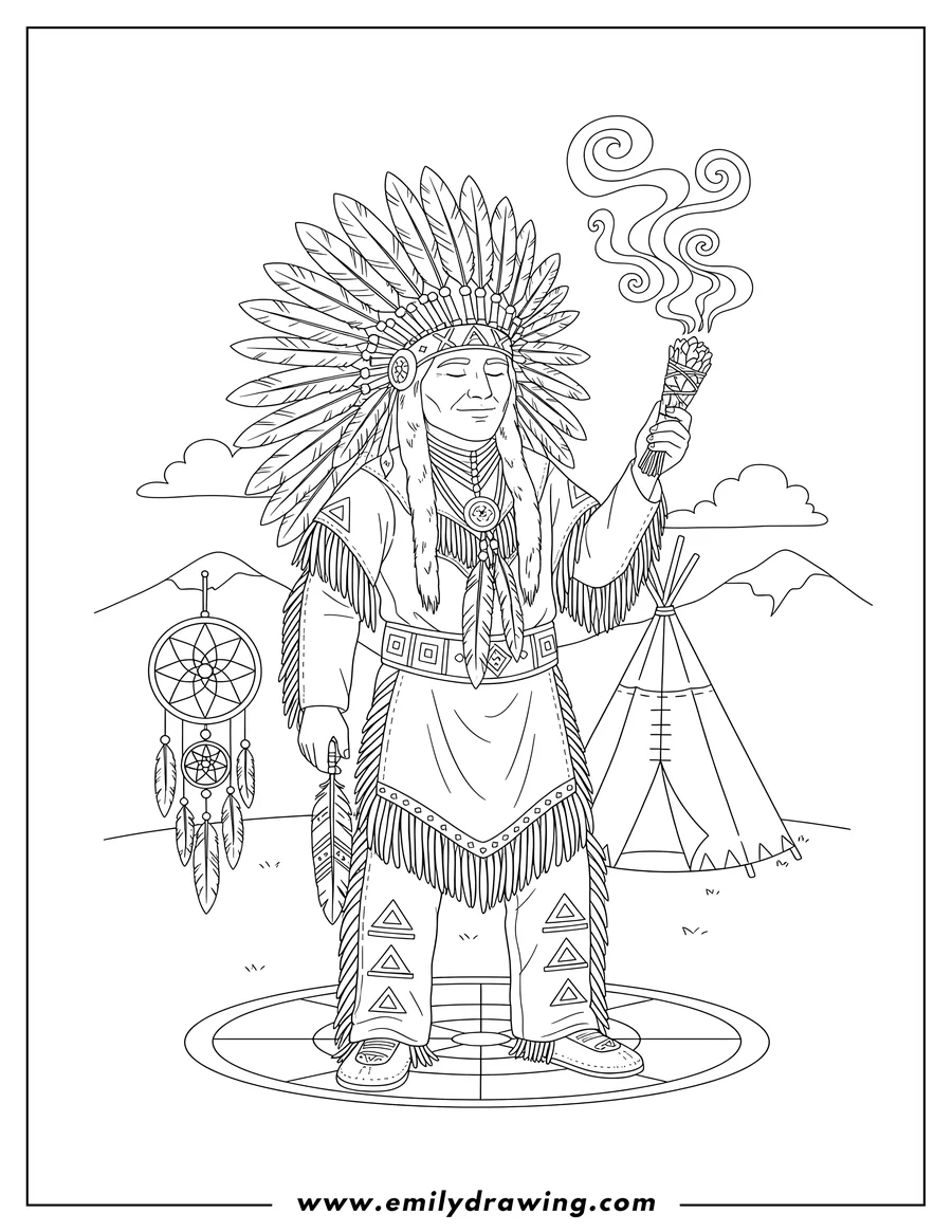 Free to print drawing of spiritual Native American Chief wearing a feathered headdress, holding a smoking object and a feather, performing a ritual