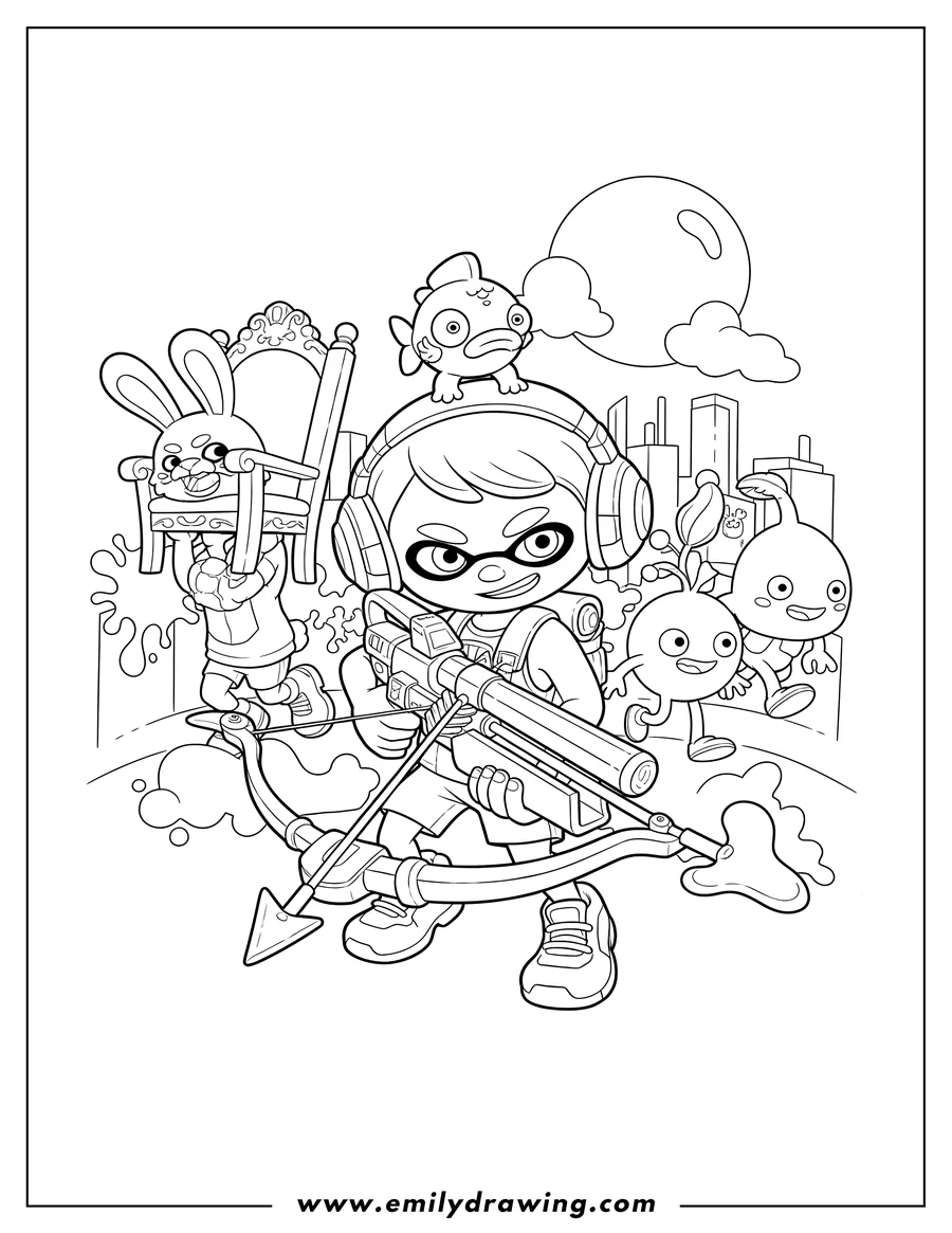 Clean line drawing: splatoon Agent 3 wearing a headset and holding a crossbow, a small fish creature on their head, and a squad featuring a rabbit-like character carrying furniture