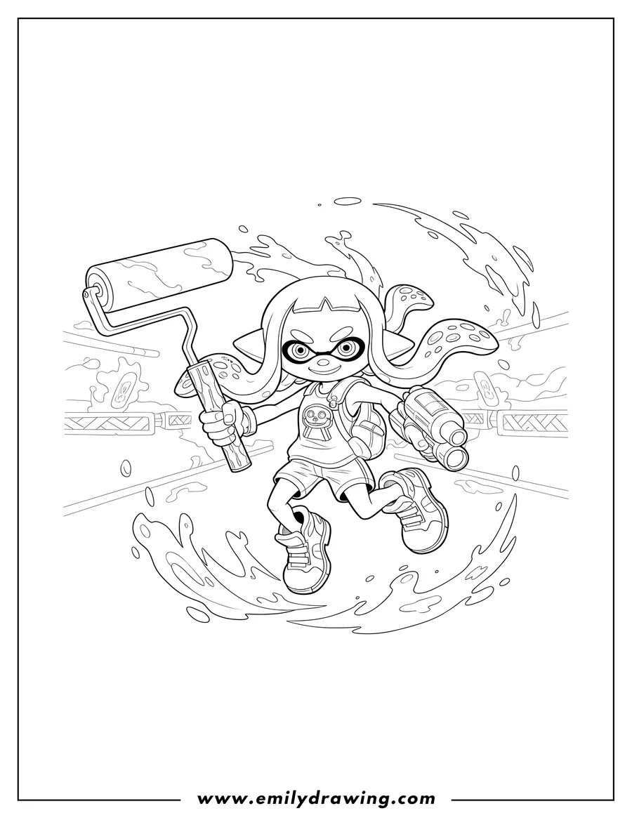 PDF style coloring page: splatoon Inkling character holding a splat gun in a dynamic pose, Super Smash Bros