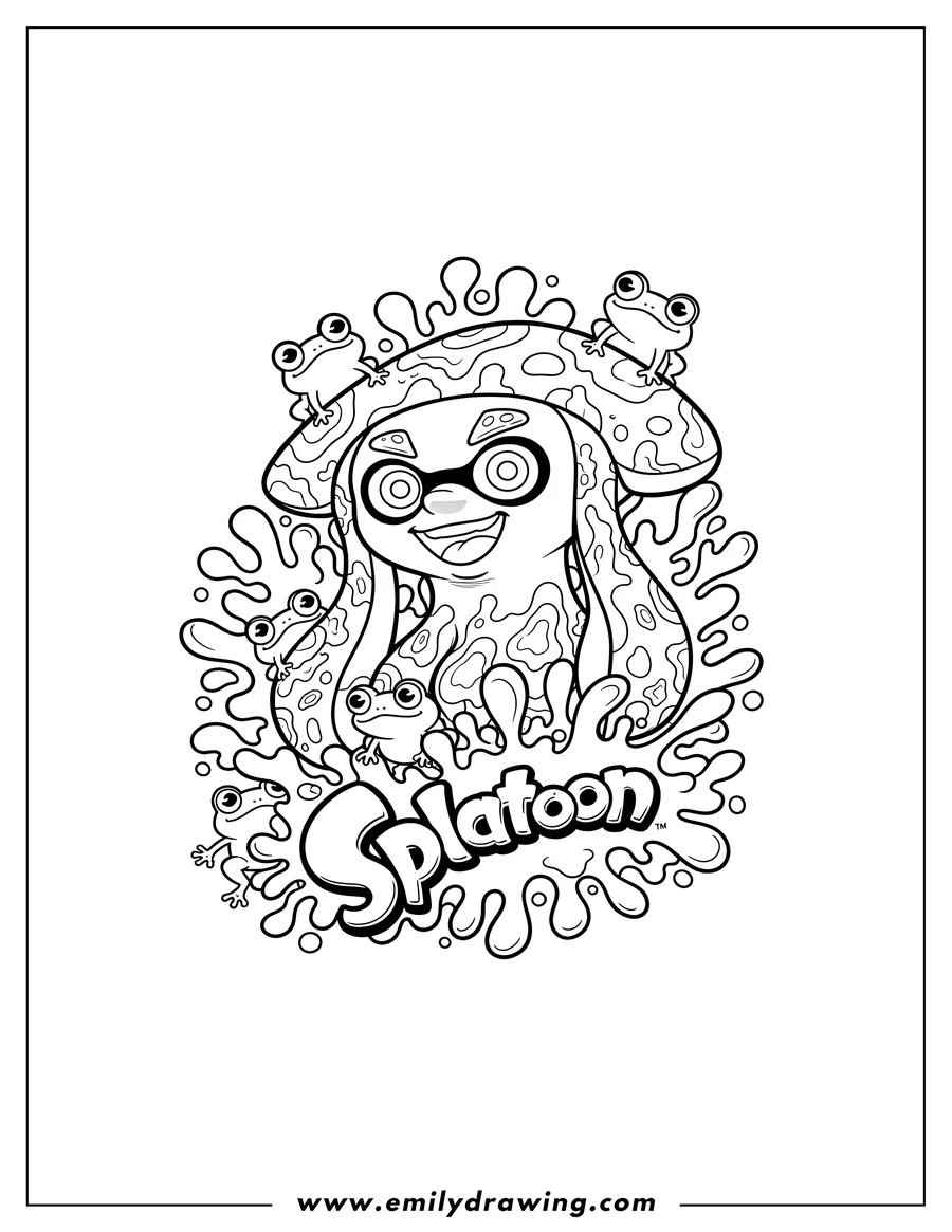 Free to print drawing of splatoon Squid and Ink Splatter Pattern with Frog and Logo Elements