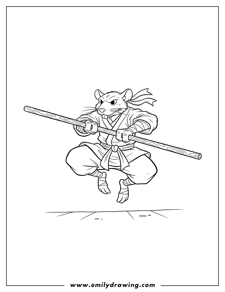 Clean line drawing: splinter in a dynamic fighting pose, holding a bo staff
