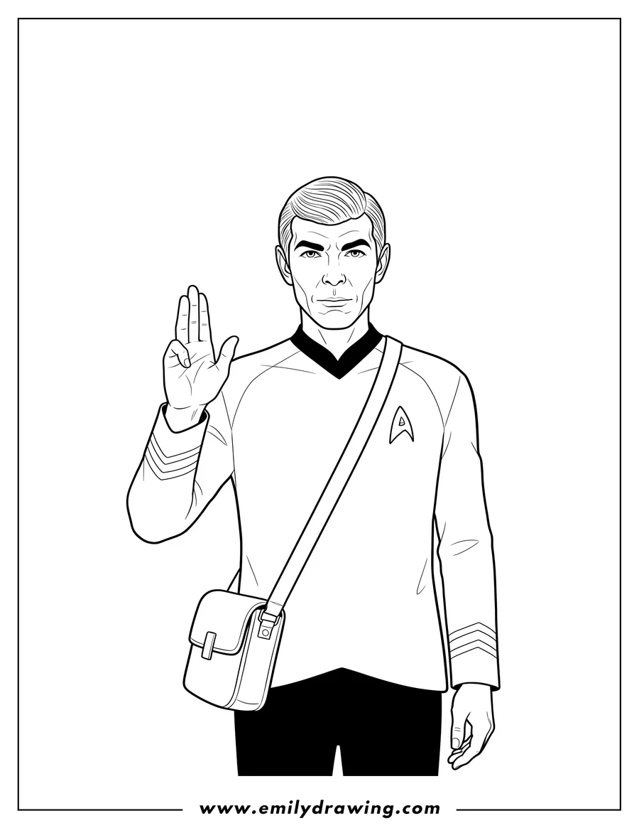 Linear illustration of spock Doing Vulcan Salute Star Trek, wearing a Starfleet uniform with insignia, carrying a shoulder bag