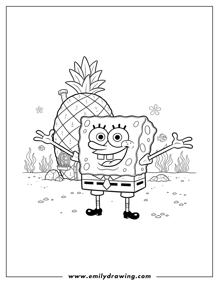 Coloring sheet featuring spongebob Squarepants smiling broadly in front of his pineapple house