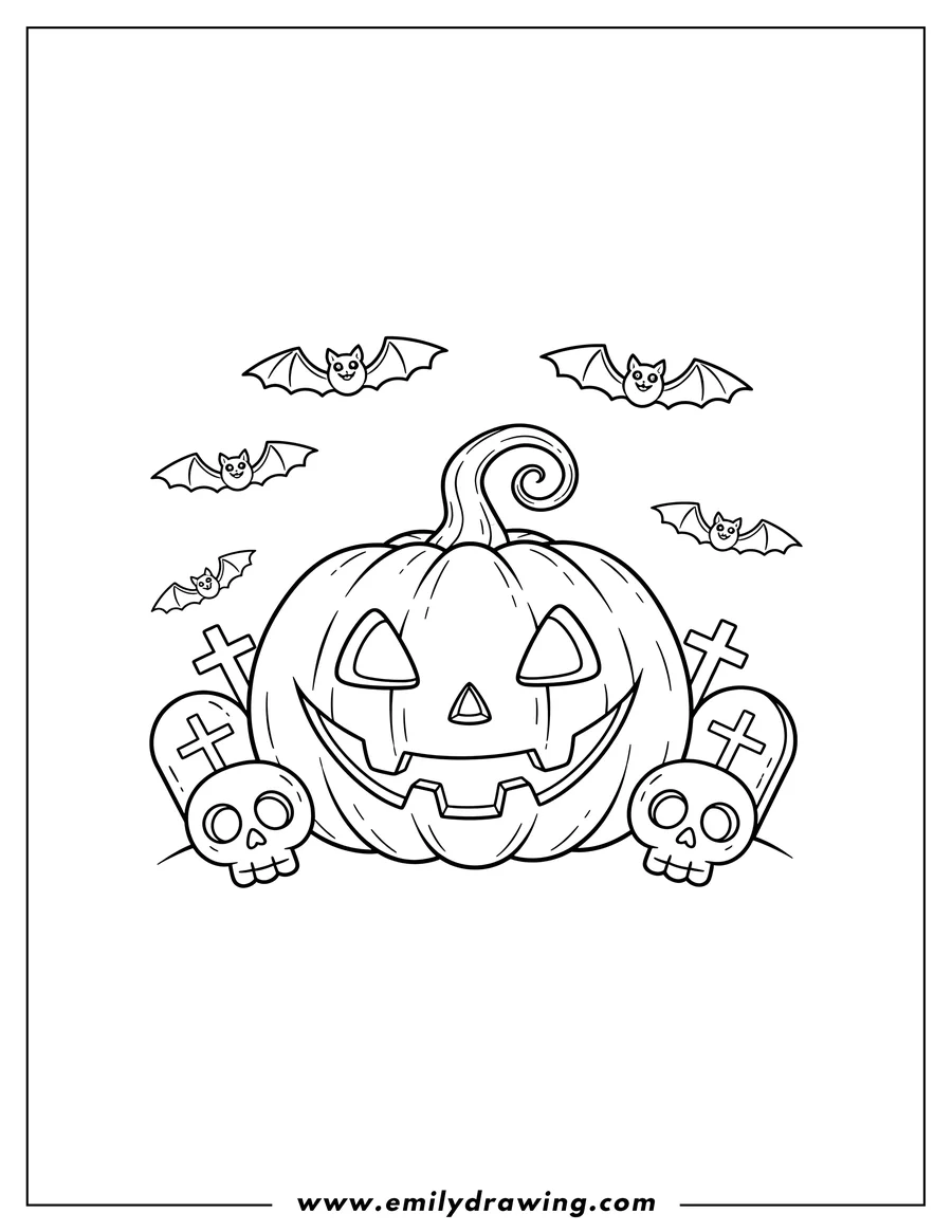 Outline drawing of spooky grinning Jack O Lantern in a graveyard with skulls and bats to color