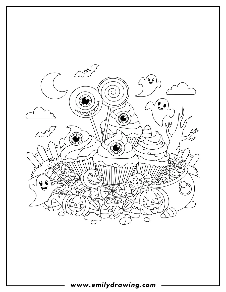 Coloring page for kids: spooky Halloween Candy To Color with Monster Cupcakes and Eyeball Lollipops