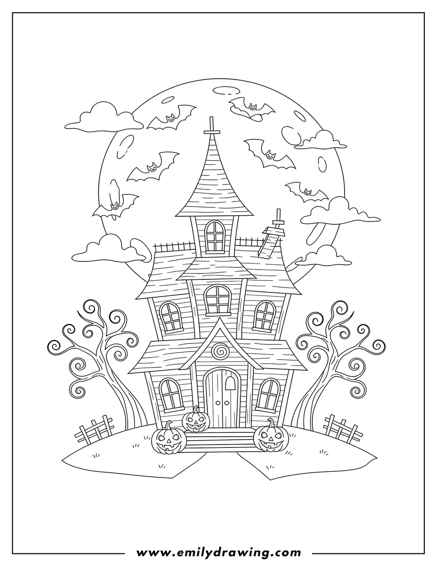 Simple sketch of spooky haunted house with jack-o'-lanterns, flying bats, and bare trees under a full moon to color