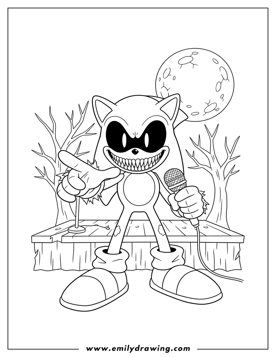 Vector style outline of spooky Sonic Exe with a wide, toothy grin and black eyes, pointing and holding a microphone on stage