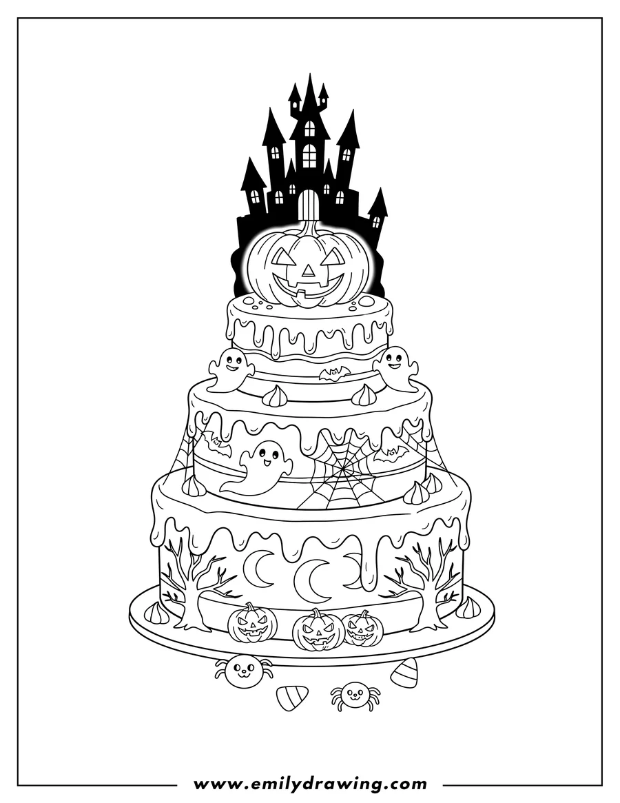 High quality printable spooky Tiered Halloween Cake with a jack-o'-lantern and haunted castle scene for coloring
