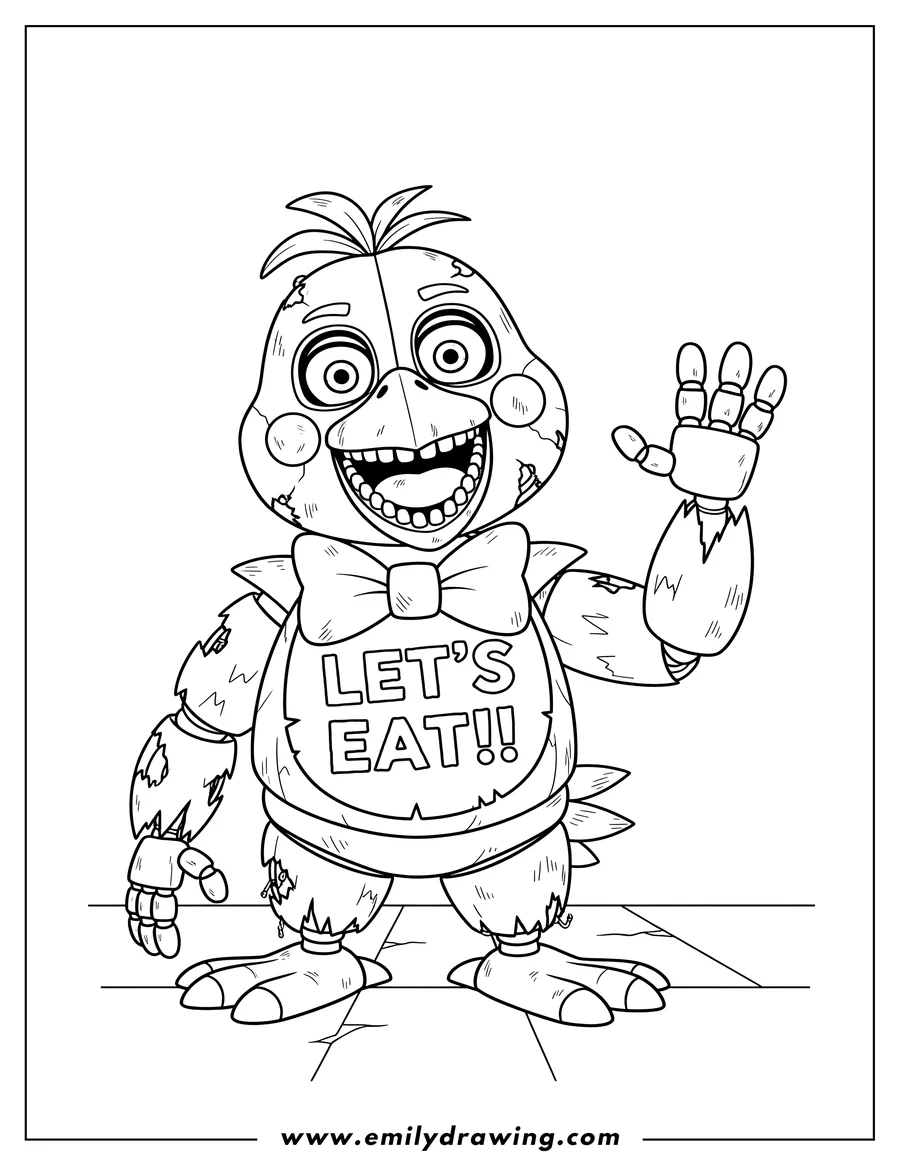 Clean line drawing: spooky Withered Chica with her mouth wide open and a 'LET'S EAT!!!' bib