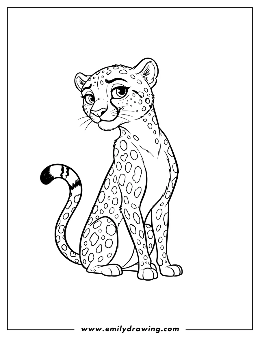 Linear illustration of spotted female cheetah smirking, looking over her shoulder