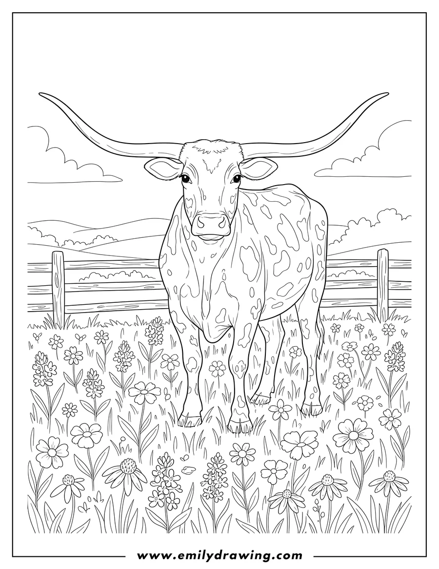 Simple sketch of spotted Texas Longhorn standing in a meadow with wildflowers and a country fence to color