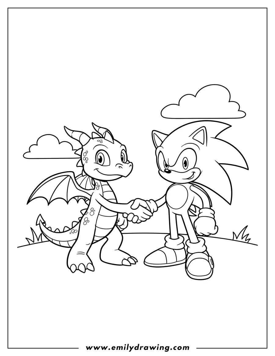 Linear illustration of dragon Spyro and Hedgehog Sonic smiling and shaking hands