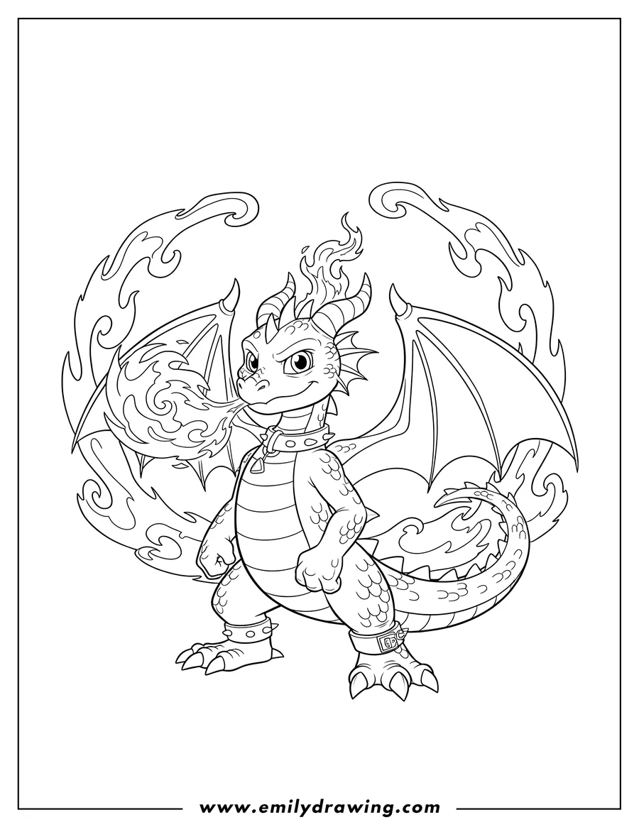 Coloring page of spyro Dragon standing with wings and flames