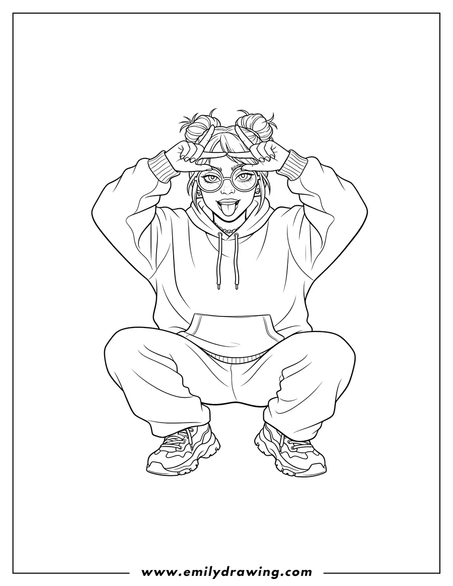 PDF style coloring page: billie Eilish squatting, holding L sign on forehead and sticking out her tongue