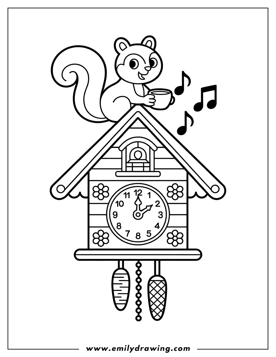 Line art of a cheerful squirrel holding a cup, sitting on top of a cuckoo clock with musical notes floating nearby.
