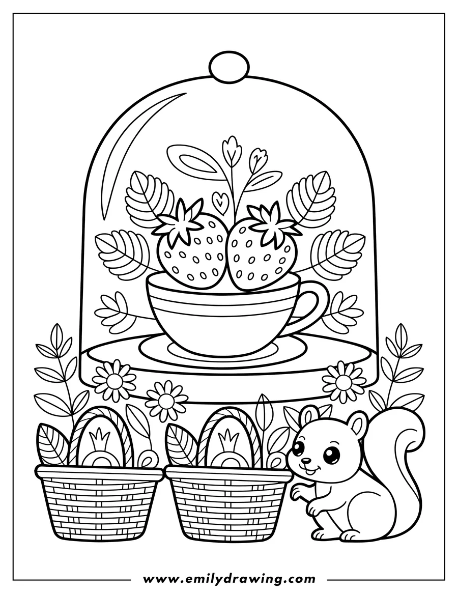 Outline of a cute squirrel next to two baskets with decorated eggs, below a terrarium containing a teacup with strawberries and foliage.
