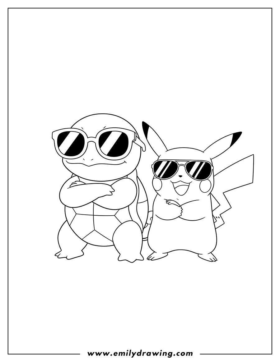Coloring page for kids: squirtle and Pikachu wearing sunglasses, with arms crossed and smiling
