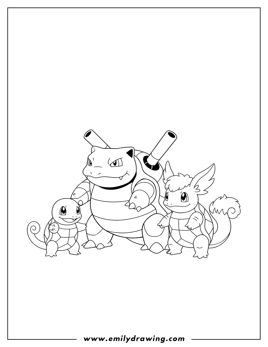 Doodle style coloring picture of squirtle Evolution To Wartortle And Blastoise standing together, with Blastoise prominently in the center, flanked by Squirtle and Wartortle