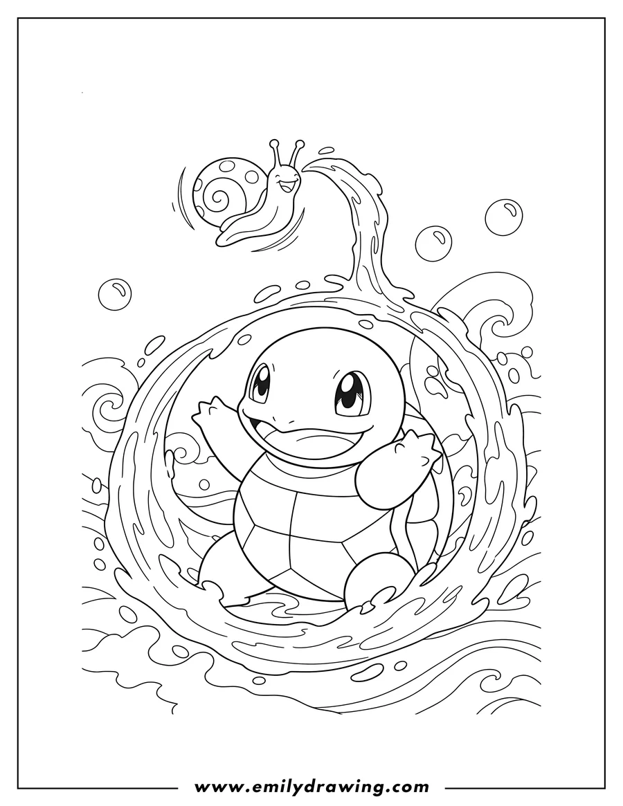 Free printable coloring sheet of squirtle Shell Shield Pokemon Card, Squirtle creating a water splash with a small snail