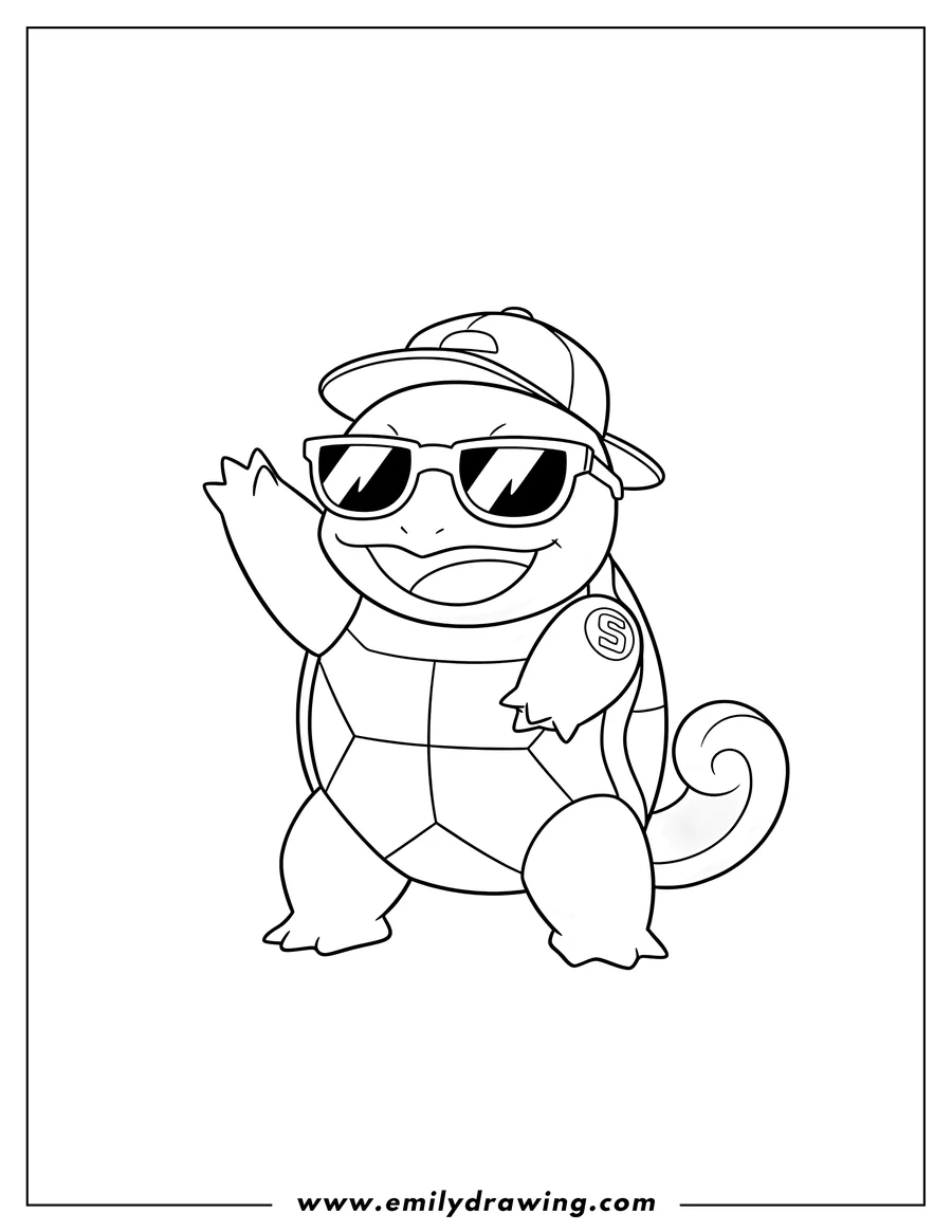Coloring sheet featuring squirtle Squad Member With Sunglasses, standing with one arm raised