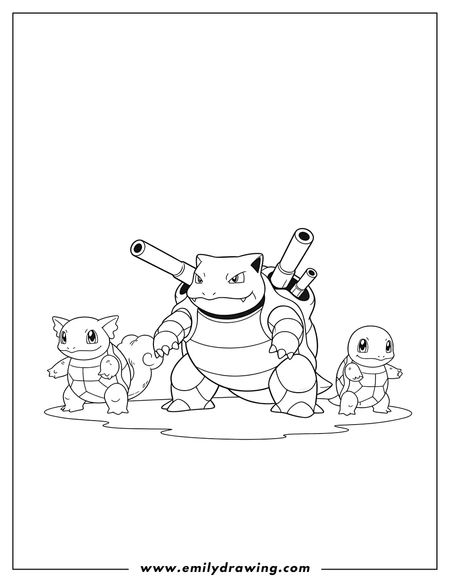 Coloring sheet featuring squirtle, Wartortle, and Blastoise evolution standing together
