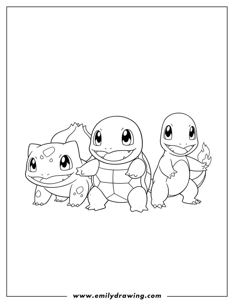 Downloadable coloring page of squirtle With Charmander And Bulbasaur smiling together