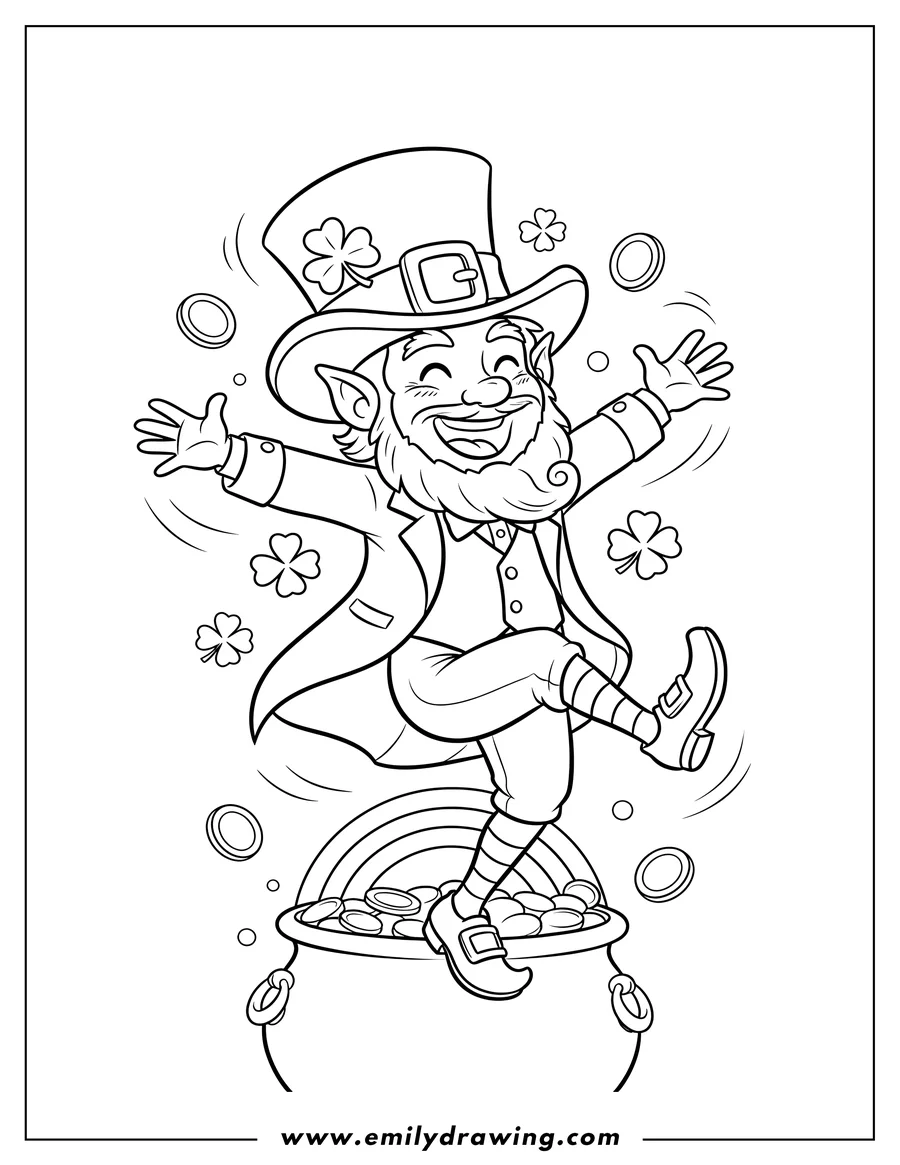 Vector style outline of st Patrick S Day Cheerful Leprechaun Dancing with one leg raised and arms outstretched