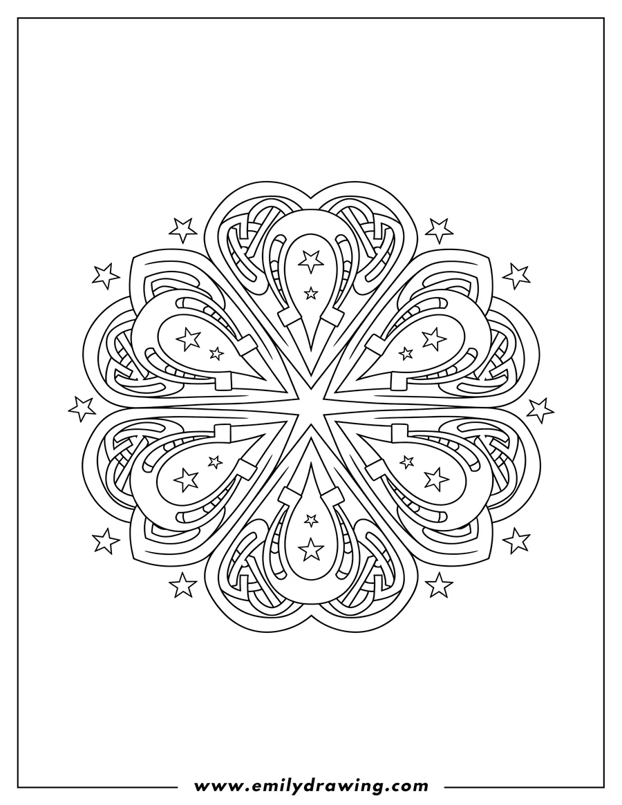 Simple sketch of st Patrick S Day Intricate Four-Leaf Clover Mandala with Horseshoes and Stars to color