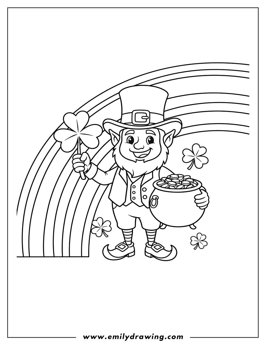 Free to print drawing of st Patrick S Day Leprechaun With Pot Gold, holding a shamrock, with a rainbow