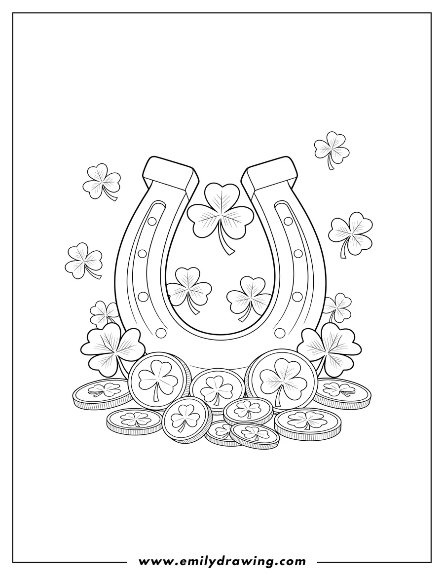 PDF style coloring page: st Patrick S Day Lucky Horseshoe with shamrocks and coins to color