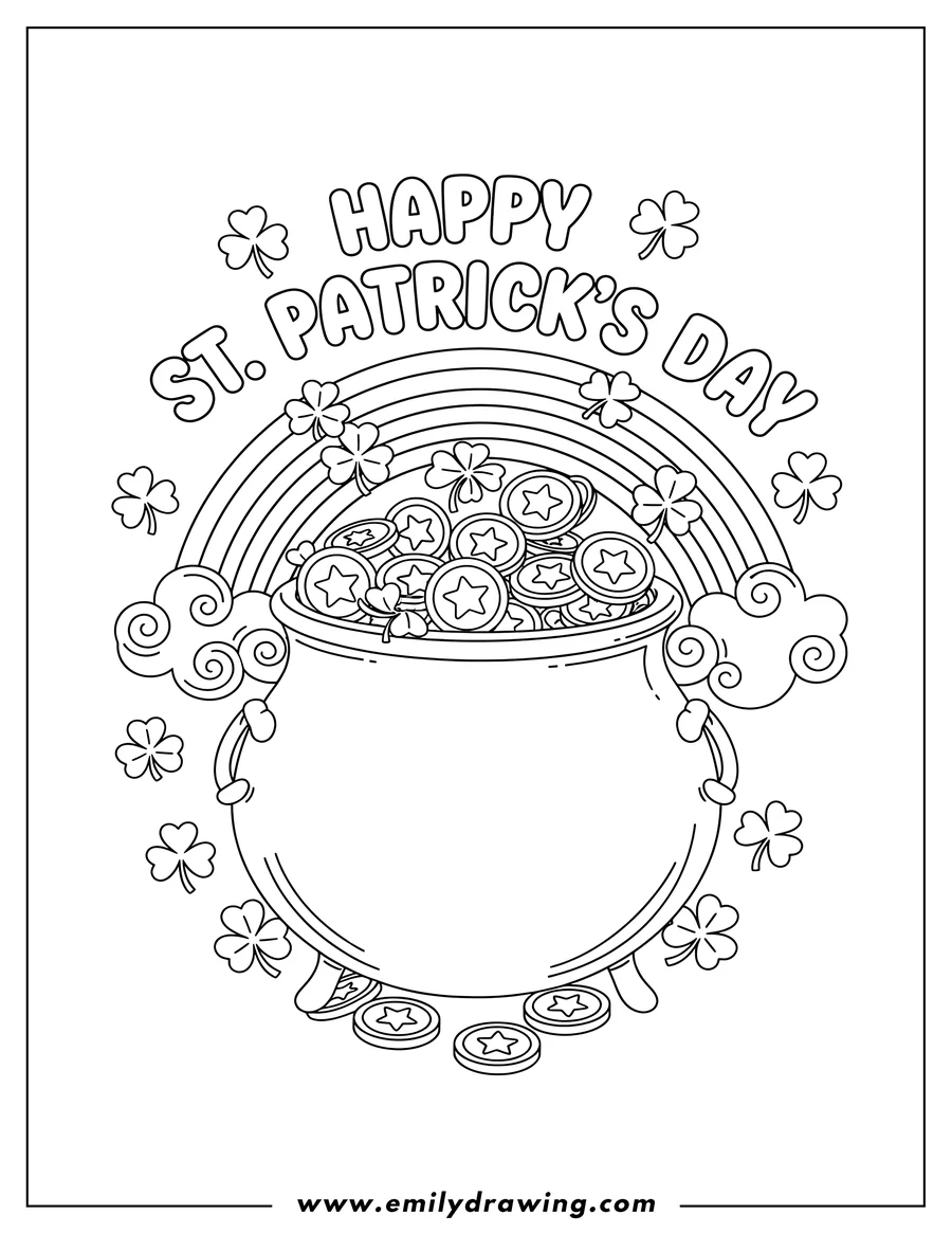 Printable line art of st Patrick S Pot Gold cauldron with shamrocks and Happy St. Patrick's Day text