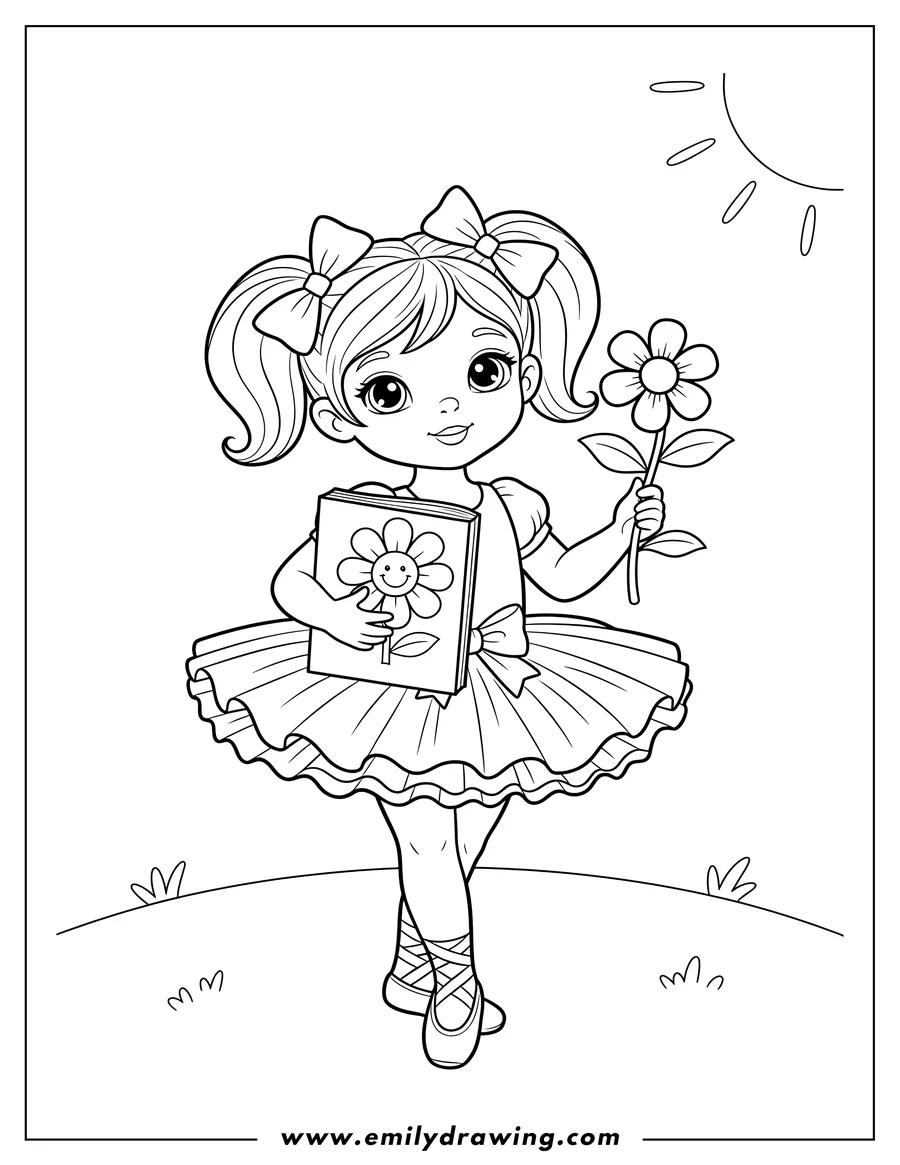Linear illustration of adorable Staci Tutu preschooler holding a book with a flower