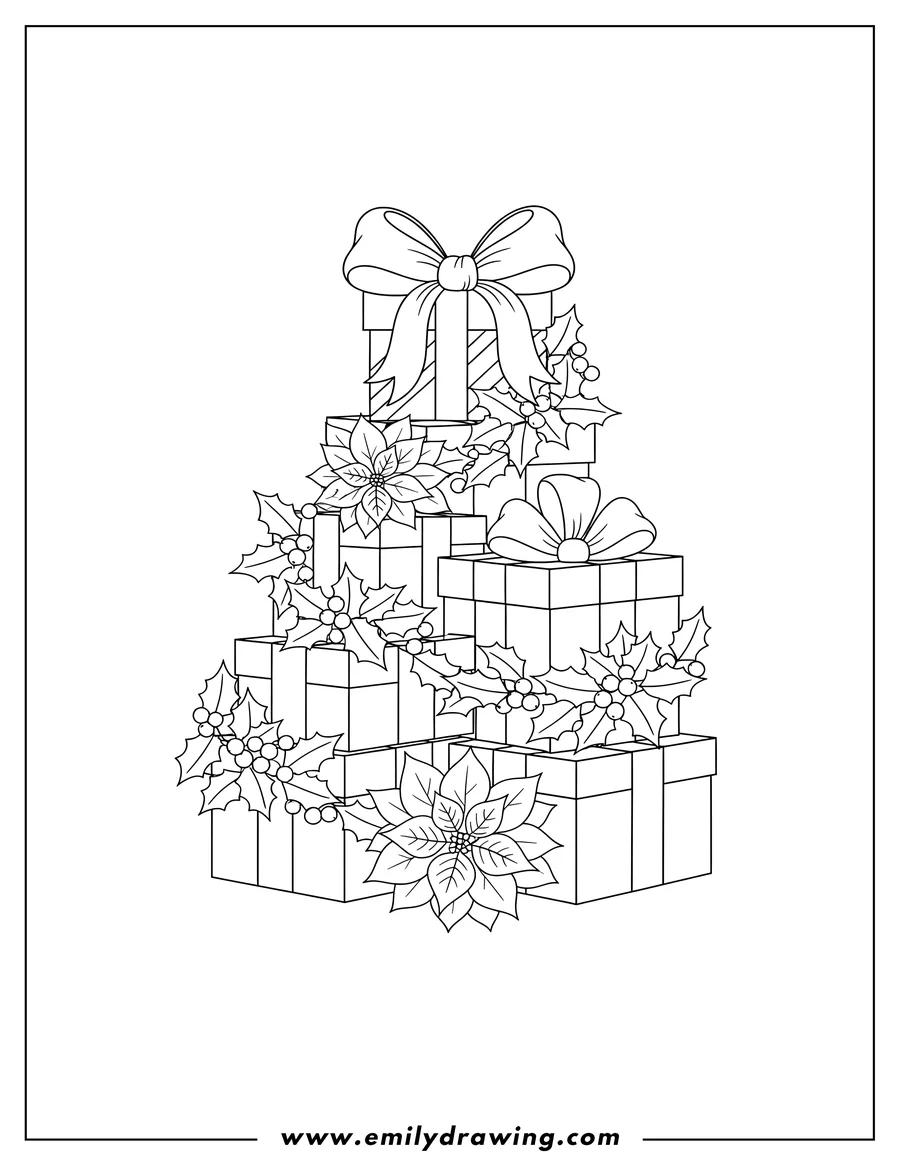 Downloadable coloring page of stack of Christmas presents tied with a bow, decorated with a holly and poinsettia garland
